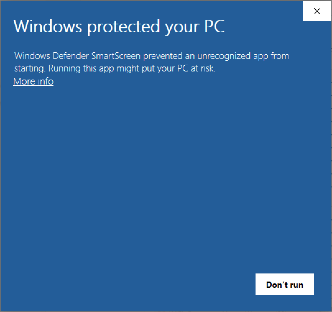 Windows SmartScreen — initial warning, click More info