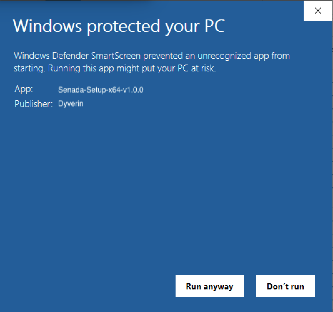 Windows SmartScreen — click Run anyway