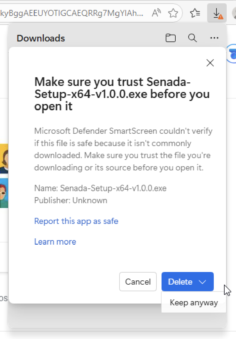Edge SmartScreen — click Keep anyway